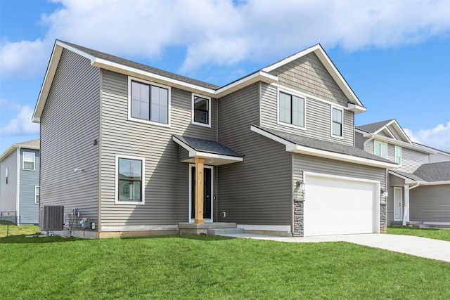 view of front of home featuring a front lawn, cooling unit, concrete driveway, stone siding, and a garage