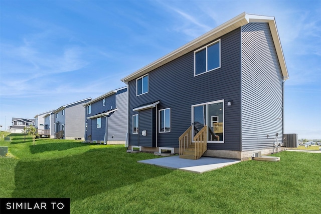 rear view of property featuring central AC, a lawn, and a patio