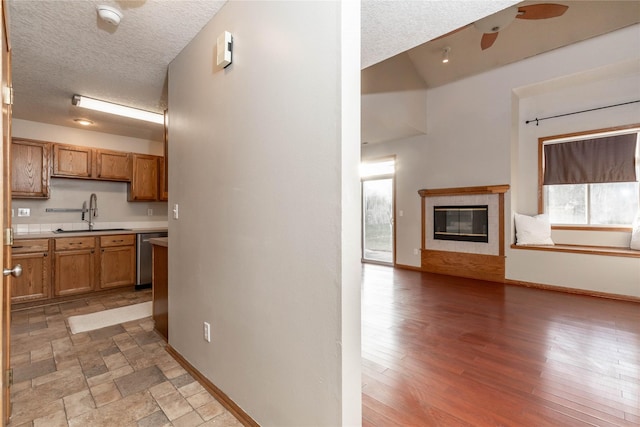 kitchen featuring sink, stainless steel dishwasher, plenty of natural light, and a fireplace