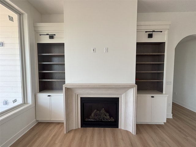 3034 NW Beechwood Dr, Grimes, IA 50111 - detailed view of wood finished floors, a fireplace, and arched walkways