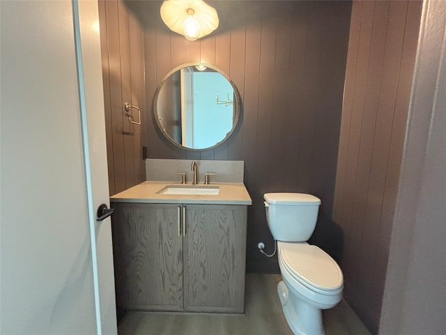 3034 NW Beechwood Dr, Grimes, IA 50111 - bathroom featuring vanity, wooden walls, and wood finished floors