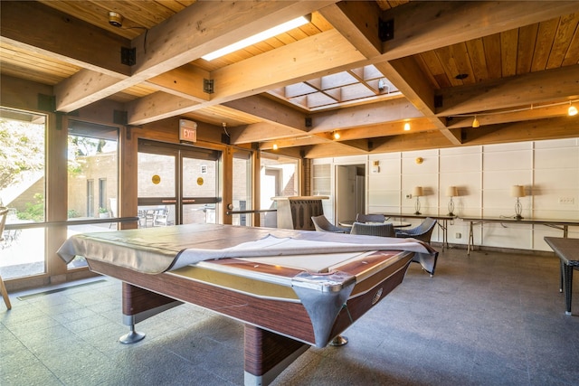 rec room with beam ceiling, wooden ceiling, and pool table