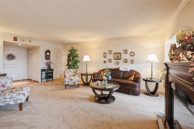 carpeted living room with crown molding and a textured ceiling