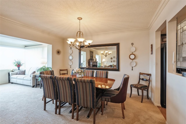 dining room with carpet flooring, an inviting chandelier, a textured ceiling, and crown molding