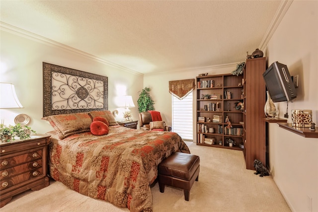 carpeted bedroom with a textured ceiling and crown molding