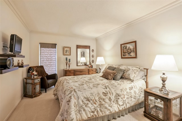 carpeted bedroom featuring crown molding