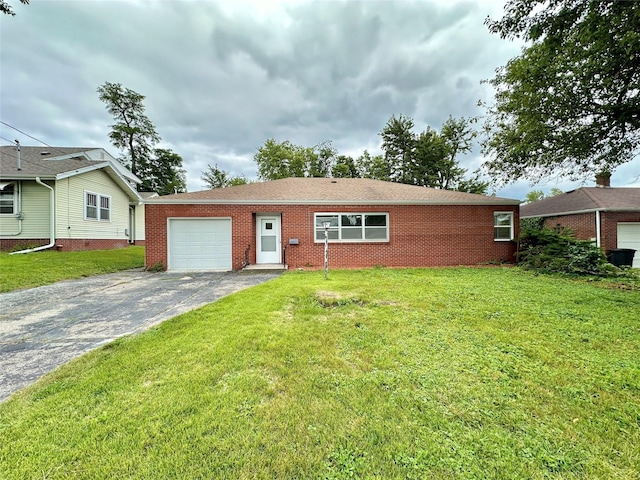 single story home featuring a front yard and a garage