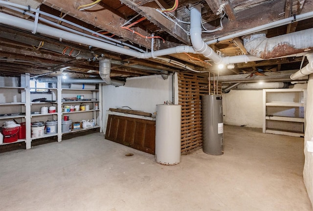 basement featuring water heater and electric water heater