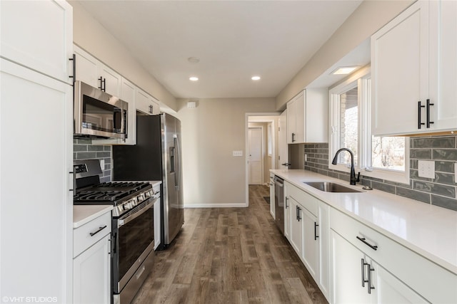 kitchen featuring sink, dark wood-type flooring, white cabinetry, backsplash, and stainless steel appliances