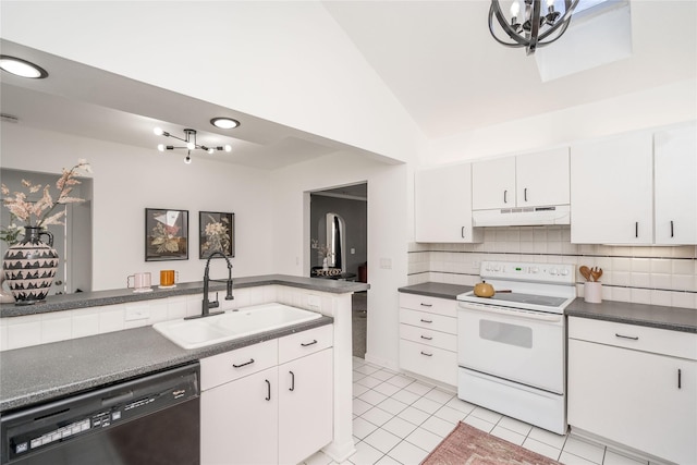 kitchen featuring dishwasher, white electric range oven, white cabinets, sink, and vaulted ceiling