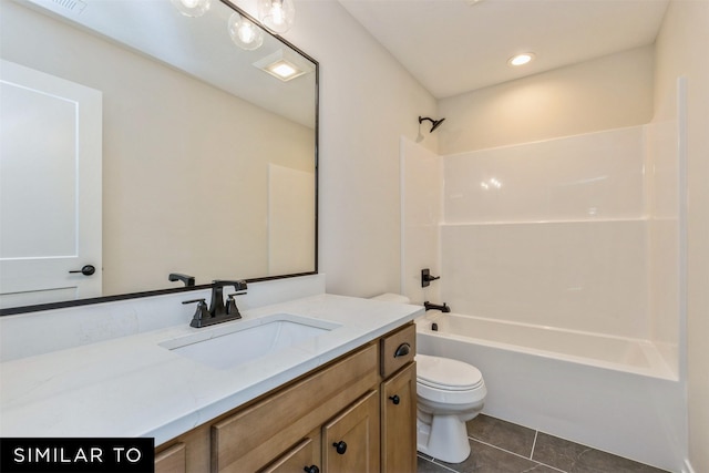 full bathroom featuring vanity,  shower combination, tile patterned flooring, and toilet