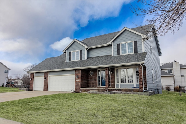 traditional-style home with brick siding, a shingled roof, fence, concrete driveway, and a front lawn