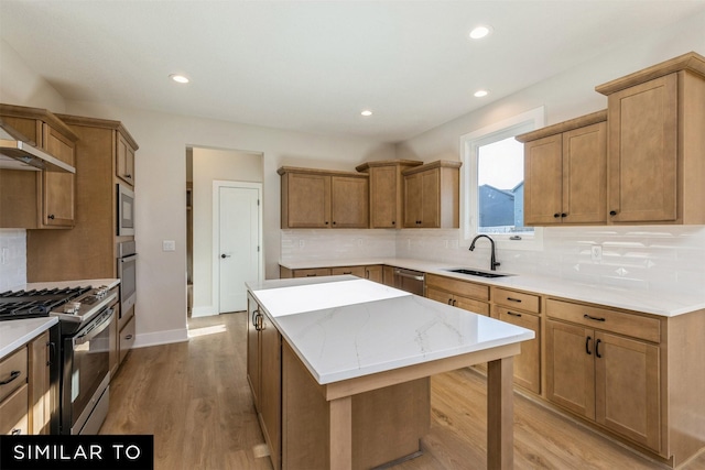 kitchen with sink, tasteful backsplash, a kitchen island, light hardwood / wood-style floors, and stainless steel appliances