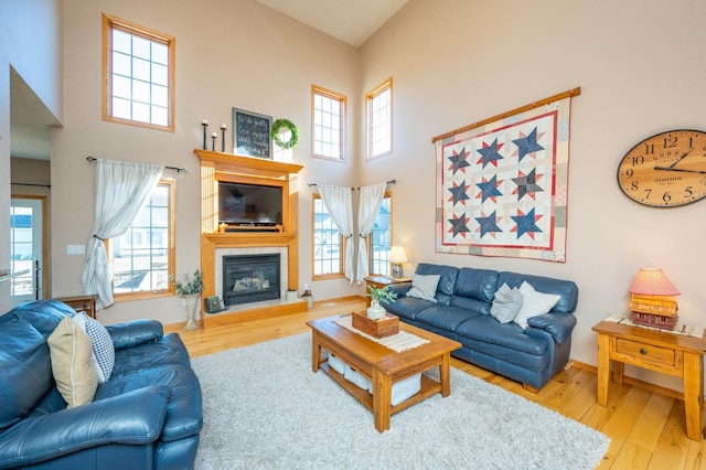 living room featuring light wood-type flooring and a high ceiling