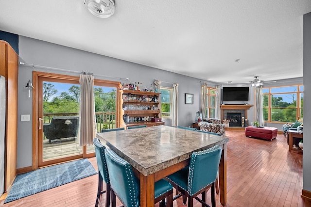 dining room featuring hardwood / wood-style flooring, ceiling fan, and a tiled fireplace