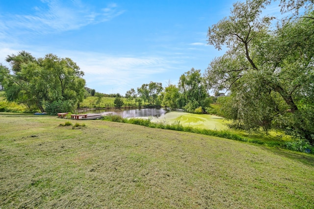 view of community featuring a water view and a lawn