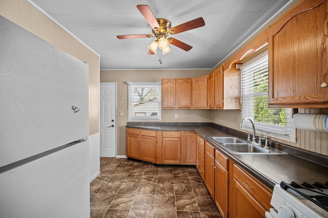 kitchen featuring sink, white appliances, and ceiling fan