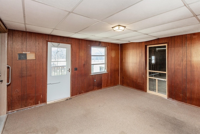 carpeted empty room featuring wood walls