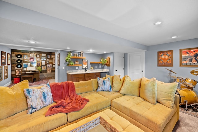 carpeted living room featuring built in features and bar