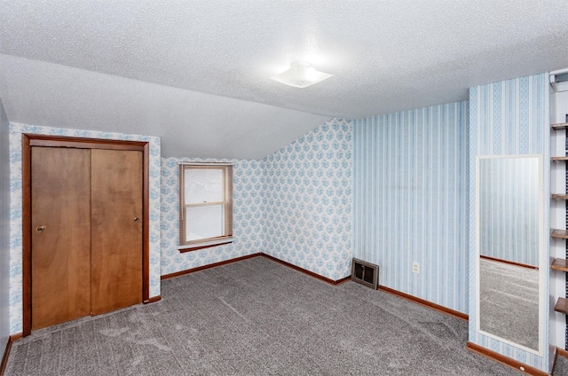 bonus room featuring a textured ceiling, lofted ceiling, and carpet flooring