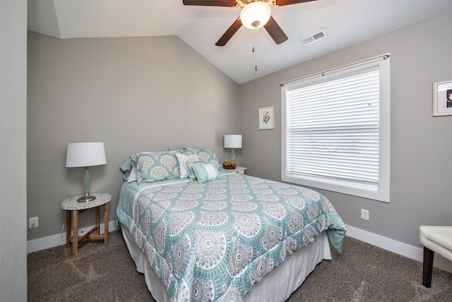 carpeted bedroom featuring ceiling fan and lofted ceiling