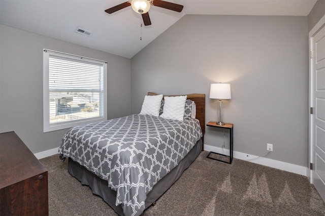 carpeted bedroom featuring ceiling fan and lofted ceiling