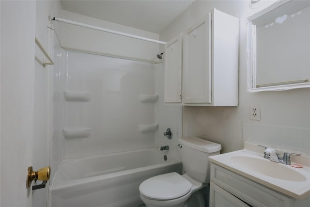 full bathroom featuring vanity, toilet, shower / bathtub combination, and decorative backsplash