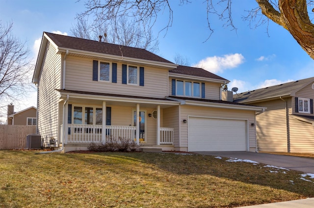 view of front of home featuring a garage, a front lawn, a porch, and central AC