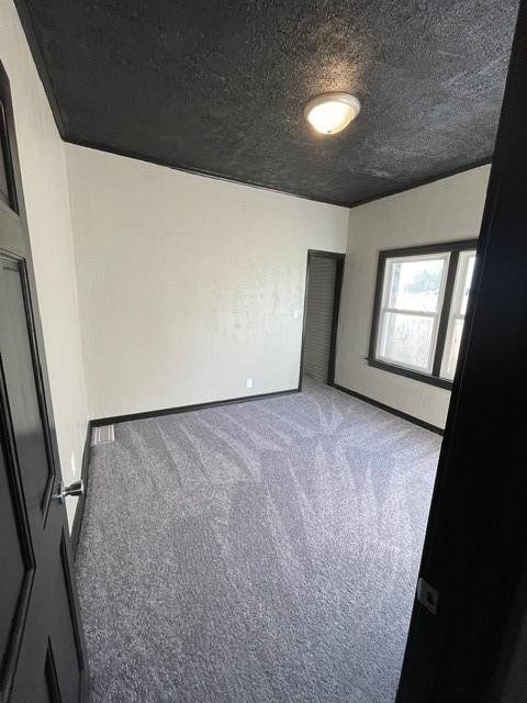 spare room featuring a textured ceiling and carpet