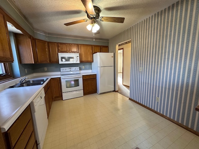 kitchen featuring sink, ceiling fan, white appliances, and a textured ceiling