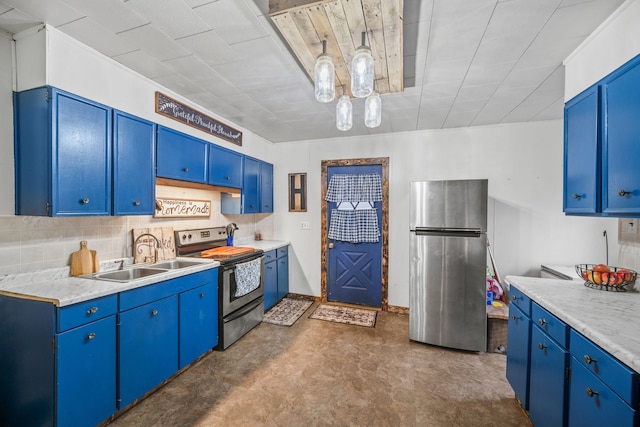 kitchen with blue cabinets, stainless steel appliances, and sink