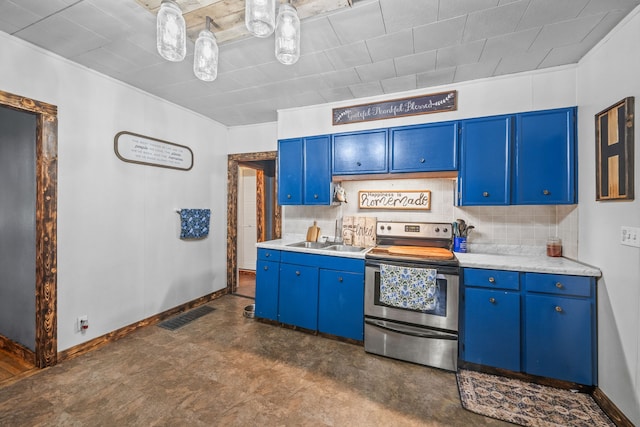 kitchen featuring sink, stainless steel electric range oven, and blue cabinets