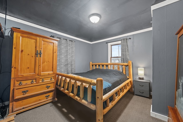 carpeted bedroom featuring ornamental molding