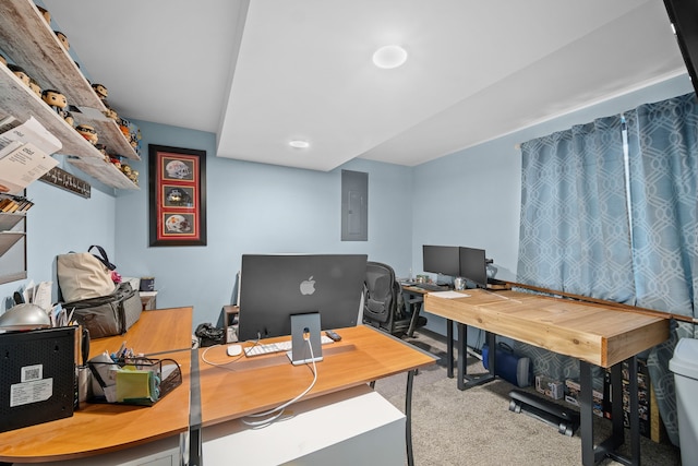 carpeted home office with electric panel