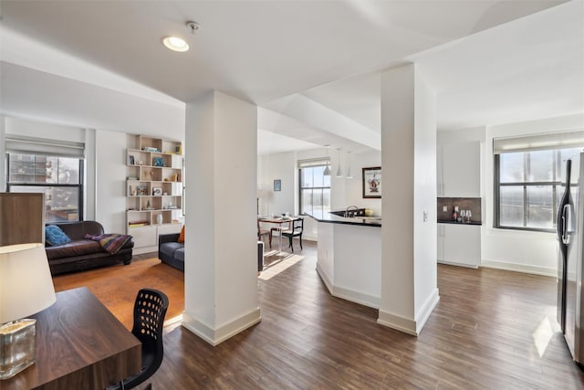 living room featuring dark wood-type flooring