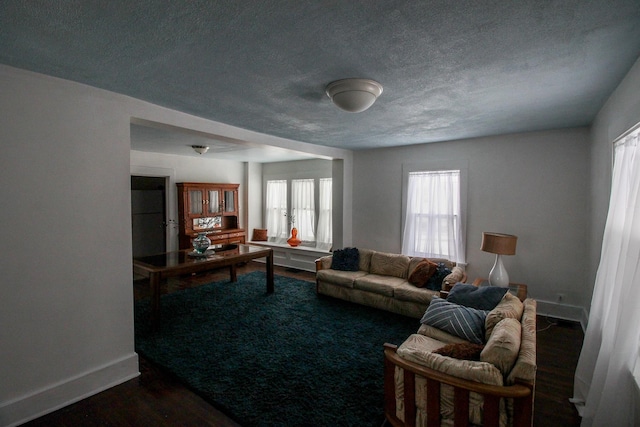 living room with a textured ceiling and dark hardwood / wood-style flooring