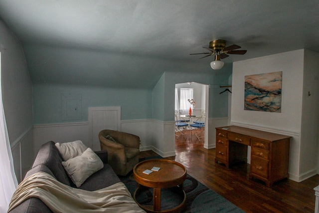 living room with vaulted ceiling, ceiling fan, electric panel, and dark hardwood / wood-style floors