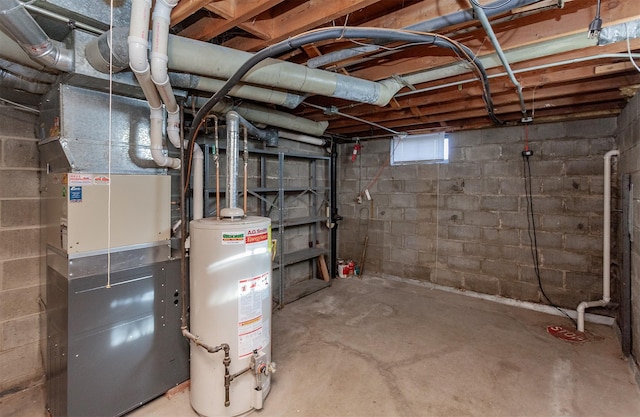 basement featuring water heater and heating unit