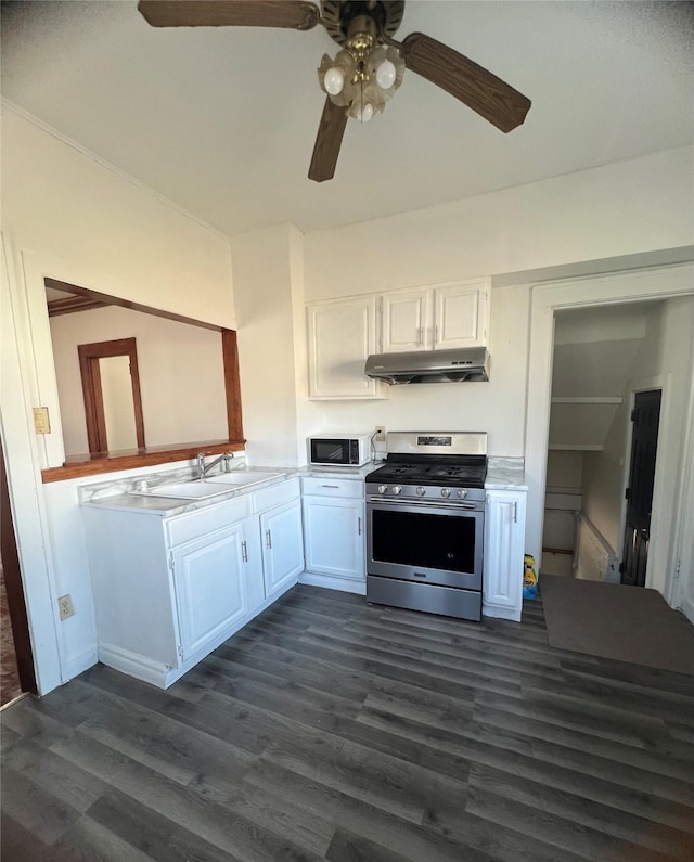 kitchen with white cabinetry, dark wood-type flooring, sink, and stainless steel gas stove