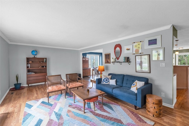 living area featuring baseboards, ornamental molding, and wood finished floors