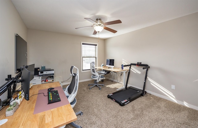 office space featuring carpet flooring, ceiling fan, and baseboards