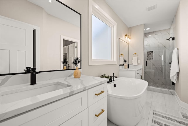 bathroom featuring independent shower and bath and vanity