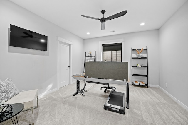 home office with carpet, visible vents, baseboards, recessed lighting, and ceiling fan