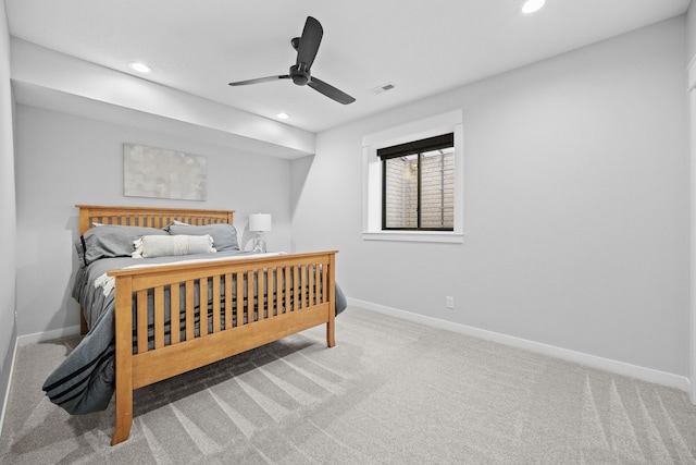 carpeted bedroom with recessed lighting, baseboards, visible vents, and ceiling fan