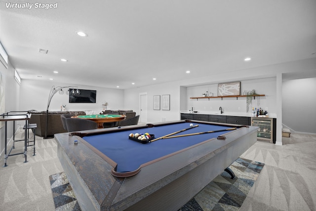 playroom with wet bar, wine cooler, recessed lighting, and light colored carpet