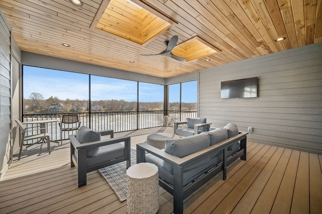 sunroom with wood ceiling and a skylight