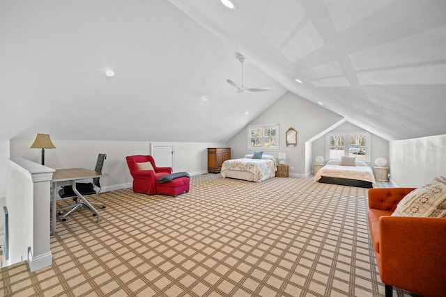 bedroom with vaulted ceiling and carpet flooring