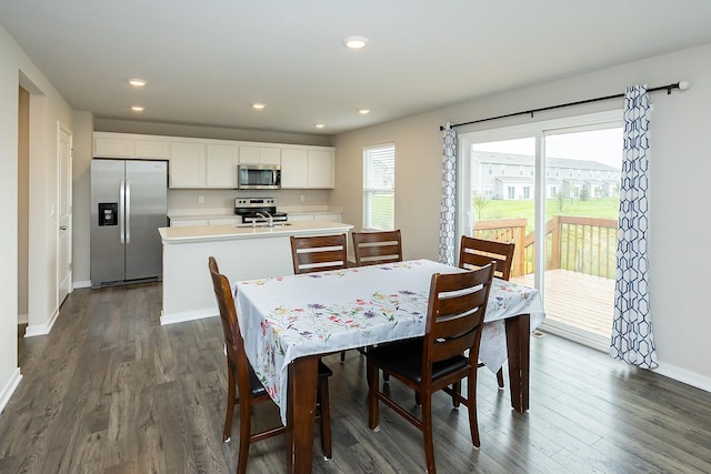 dining space featuring dark hardwood / wood-style flooring and sink