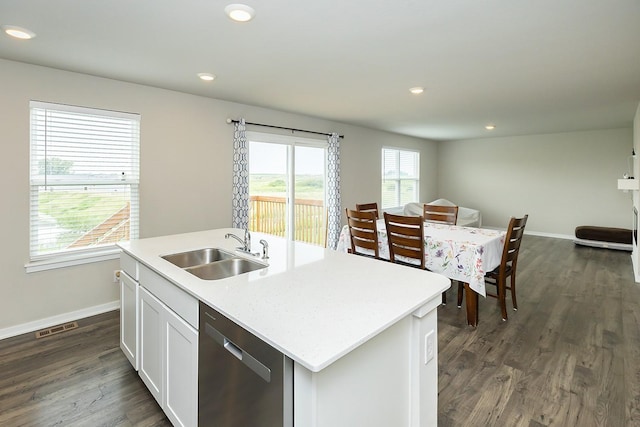 kitchen featuring sink, stainless steel dishwasher, plenty of natural light, an island with sink, and white cabinets