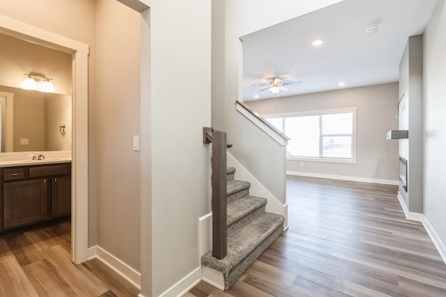 staircase with sink, hardwood / wood-style flooring, and ceiling fan